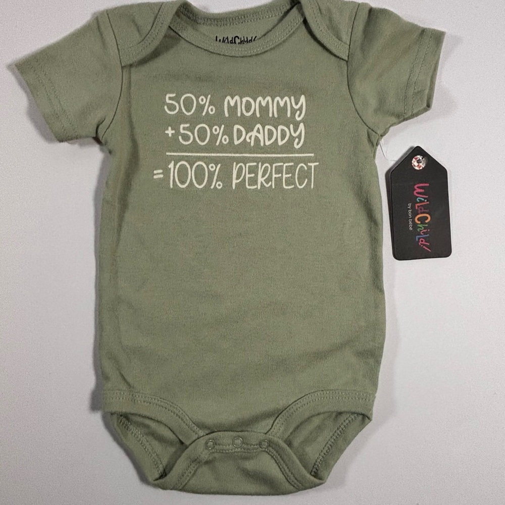 Wild Child Baby Bodysuit 6-9M Green “50% Mommy 50% Daddy = 100% Perfect” Funny